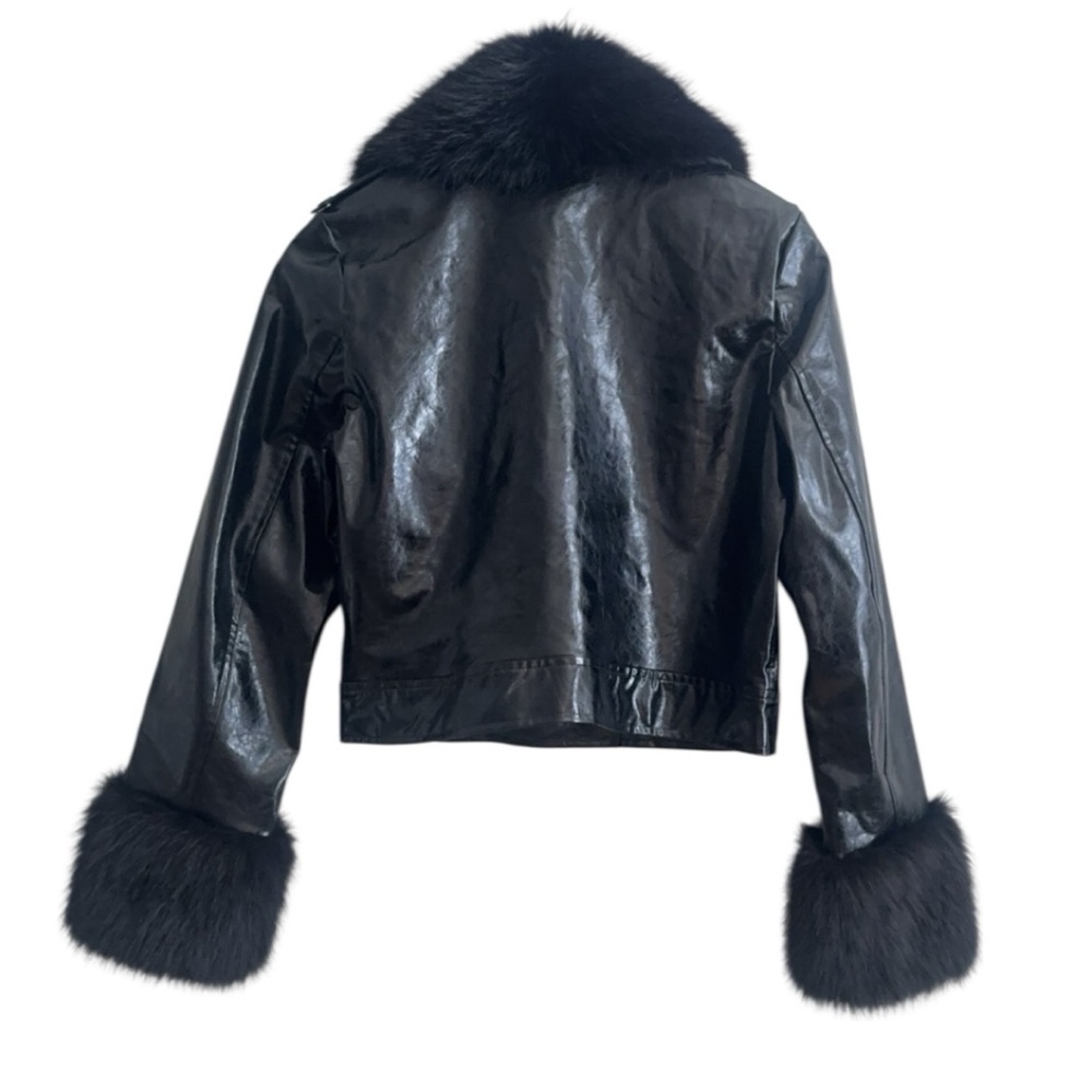 NWT‎ SHACI Black Faux Shiny Leather Fur Trim Crop Jacket Size Small - Picture 6 of 7
